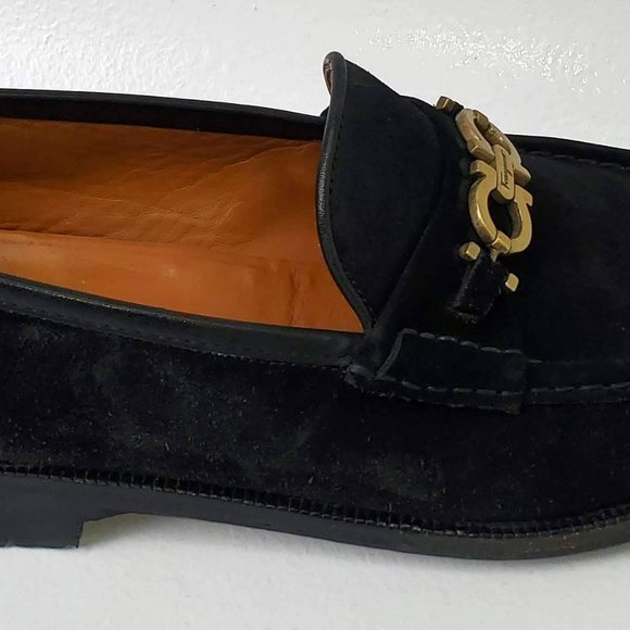 Salvatore Ferragamo Black Suede Loafers with Gold Gancini Hardware main image 6
